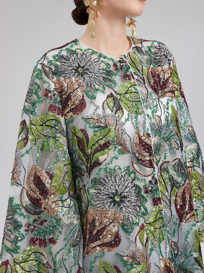 Yeşil Pullu Çiçekli Bol Ceket