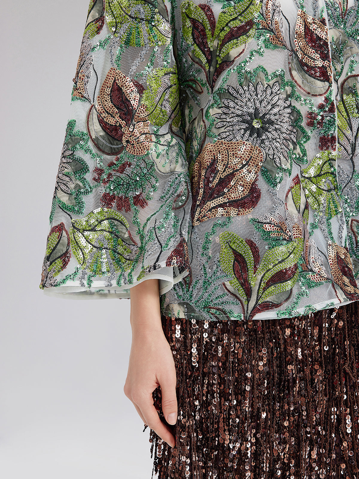 Yeşil Pullu Çiçekli Bol Ceket