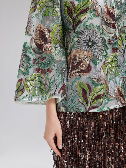 Yeşil Pullu Çiçekli Bol Ceket