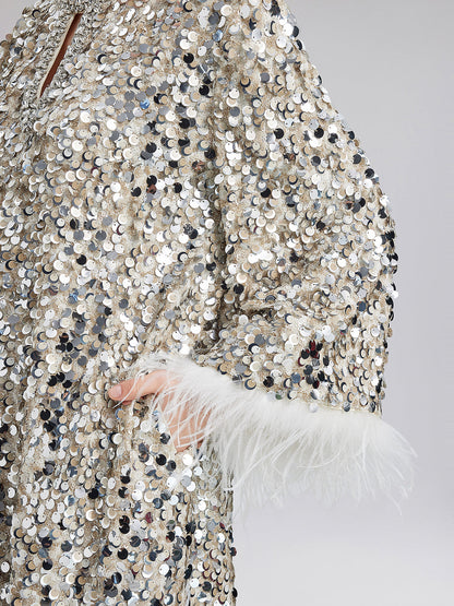 Göz Alıcı Pullu Tüy Kollu Elbise