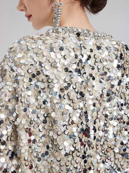 Göz Alıcı Pullu Tüy Kollu Elbise