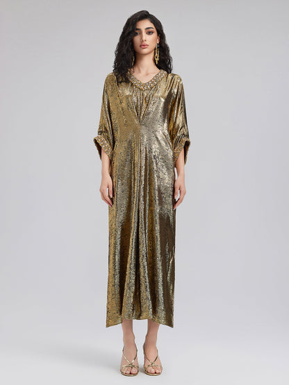Çarpıcı Altın V Yaka Elbise