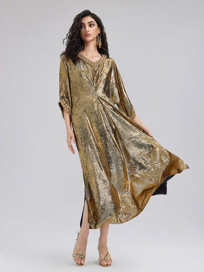Çarpıcı Altın V Yaka Elbise
