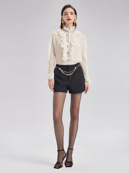 Fırfırlı Hakim Yaka Boncuklu Gömlek