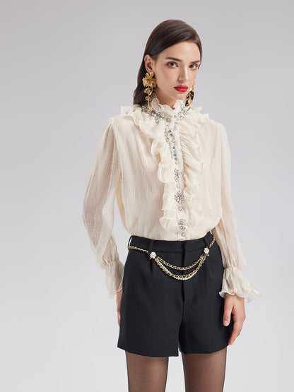 Fırfırlı Hakim Yaka Boncuklu Gömlek