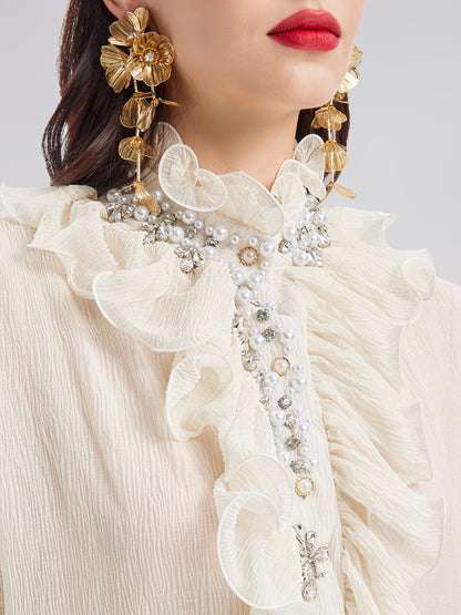 Fırfırlı Hakim Yaka Boncuklu Gömlek