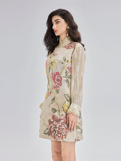 El İşlemeli Boncuklu 3 Boyutlu Çiçekli Jakar Askılı Elbise