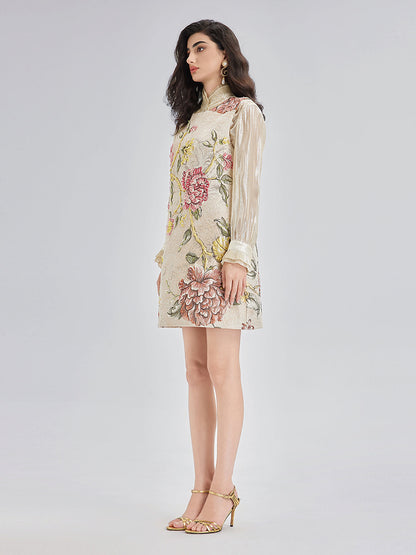 El İşlemeli Boncuklu 3 Boyutlu Çiçekli Jakar Askılı Elbise