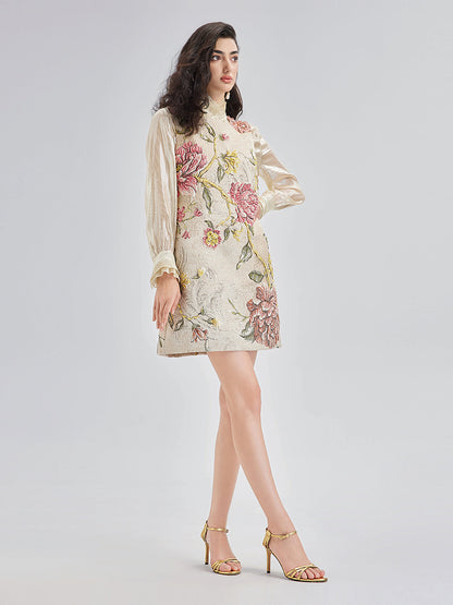 El İşlemeli Boncuklu 3 Boyutlu Çiçekli Jakar Askılı Elbise