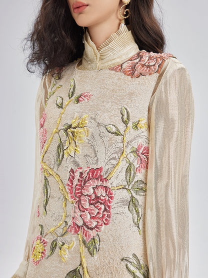 El İşlemeli Boncuklu 3 Boyutlu Çiçekli Jakar Askılı Elbise