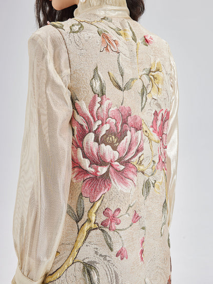 El İşlemeli Boncuklu 3 Boyutlu Çiçekli Jakar Askılı Elbise