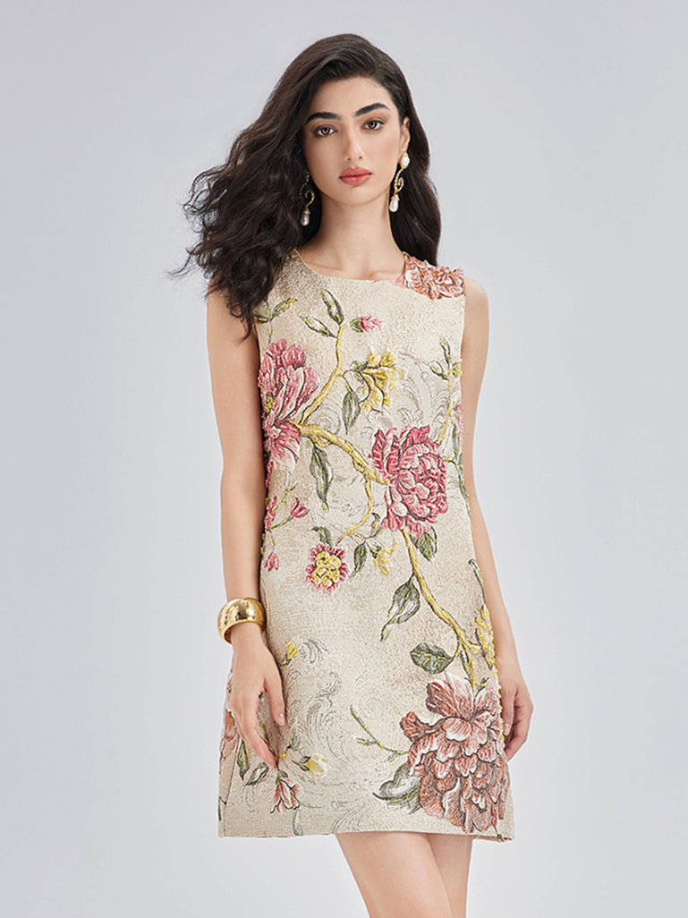 El İşlemeli Boncuklu 3 Boyutlu Çiçekli Jakar Askılı Elbise