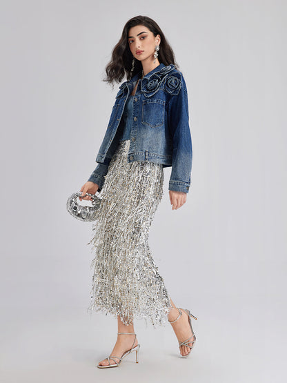 El Yapımı Çiçekli Renk Geçişli Kot Ceket