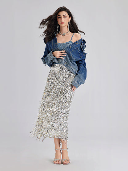 El Yapımı Çiçekli Renk Geçişli Kot Ceket