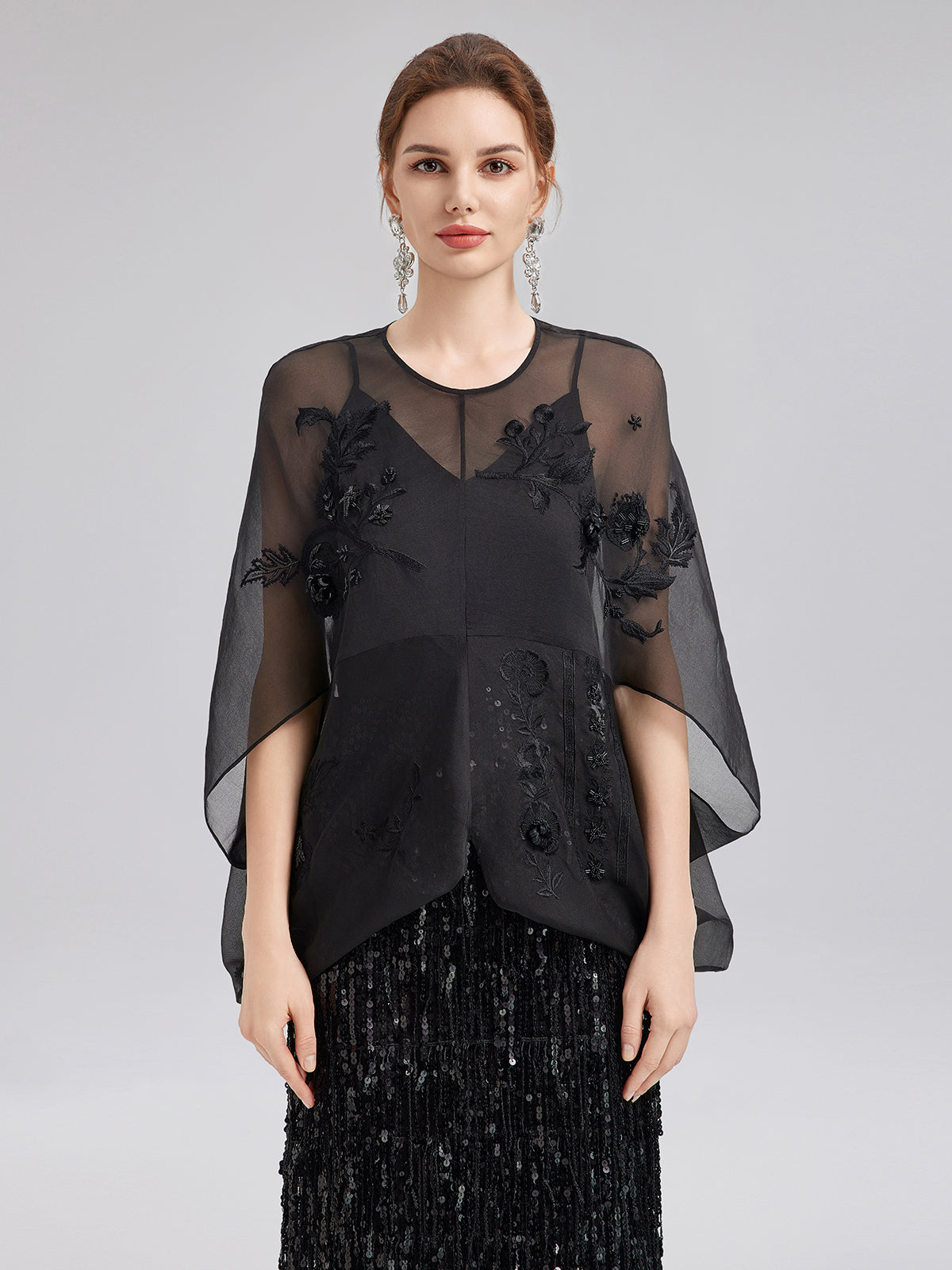 Lüks Şeffaf İpek Nakışlı Bluz