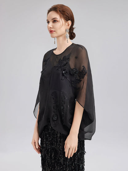 Lüks Şeffaf İpek Nakışlı Bluz