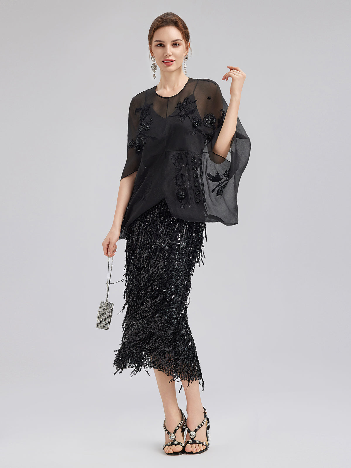 Lüks Şeffaf İpek Nakışlı Bluz