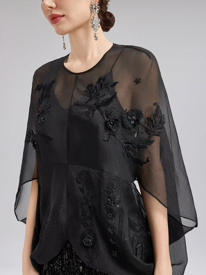 Lüks Şeffaf İpek Nakışlı Bluz