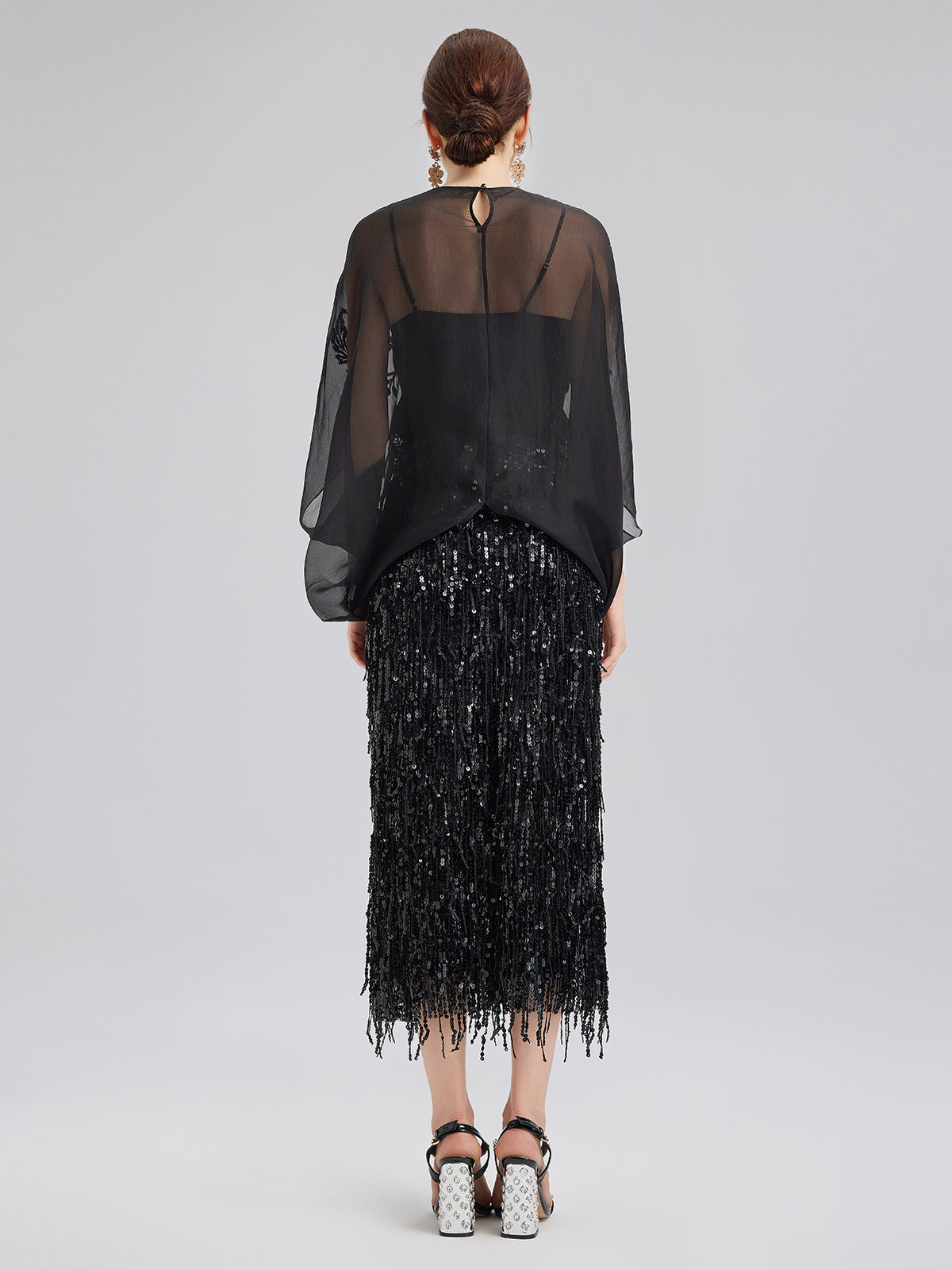 Lüks Şeffaf İpek Nakışlı Bluz