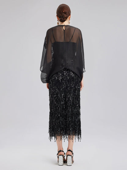 Lüks Şeffaf İpek Nakışlı Bluz