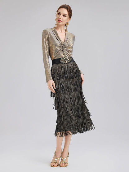 Şık Gül Pileli V Yaka Bluz