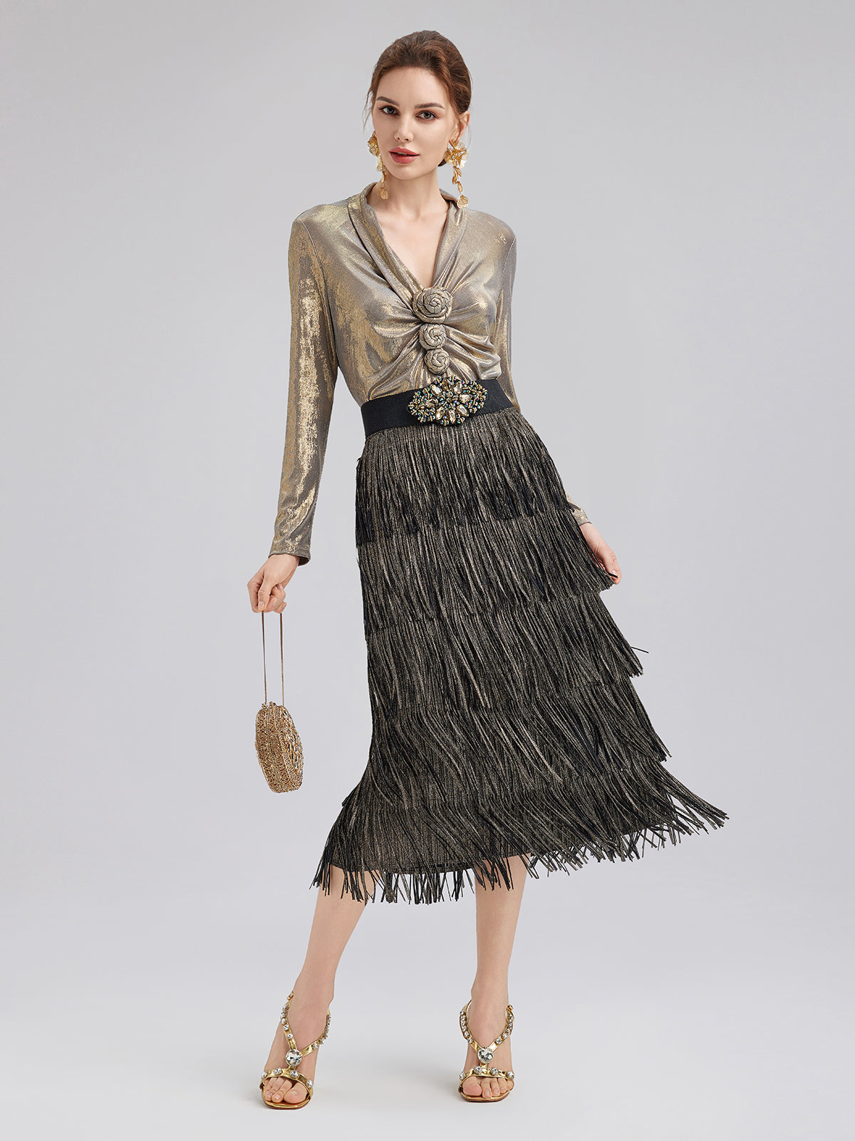 Şık Gül Pileli V Yaka Bluz