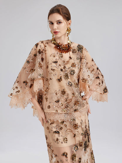 Lüks Nakışlı Pullu Uzun Kollu Bluz