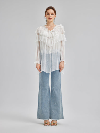 Fırfırlı İpek Tasarım Bluz