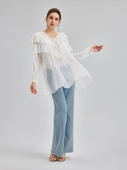 Fırfırlı İpek Tasarım Bluz