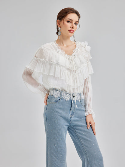 Fırfırlı İpek Tasarım Bluz