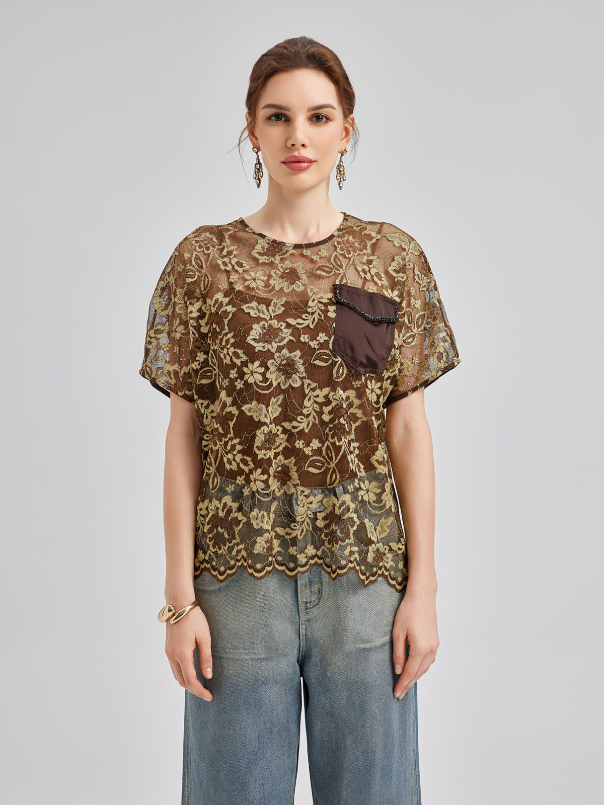 Altın Dantel Boncuklu Cepli Tişört