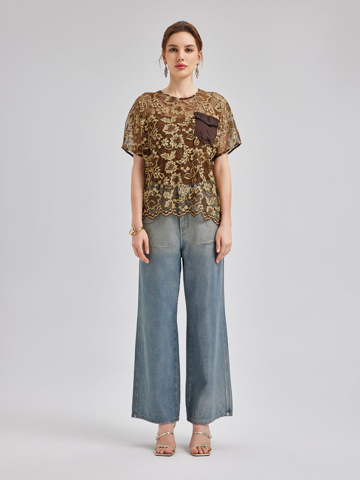 Altın Dantel Boncuklu Cepli Tişört
