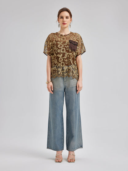 Altın Dantel Boncuklu Cepli Tişört