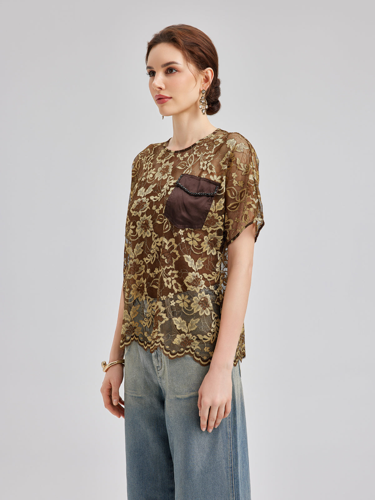 Altın Dantel Boncuklu Cepli Tişört