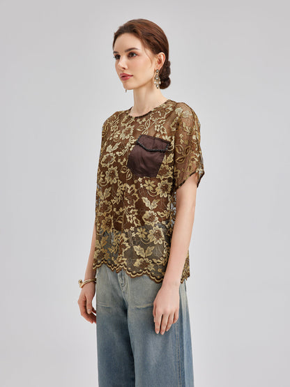 Altın Dantel Boncuklu Cepli Tişört