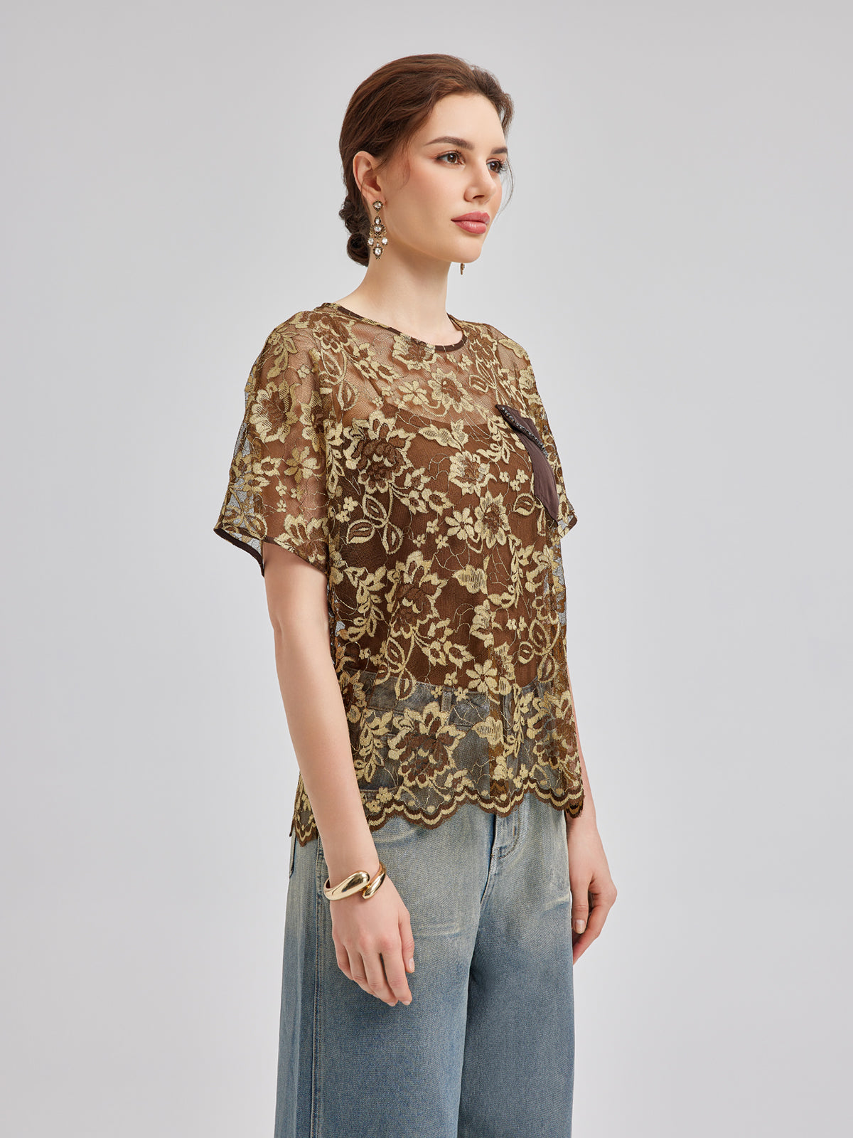 Altın Dantel Boncuklu Cepli Tişört