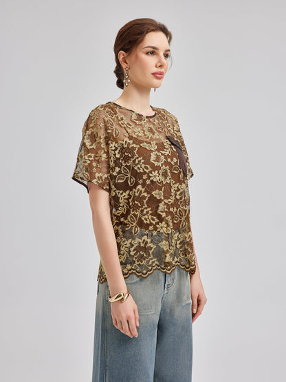 Altın Dantel Boncuklu Cepli Tişört