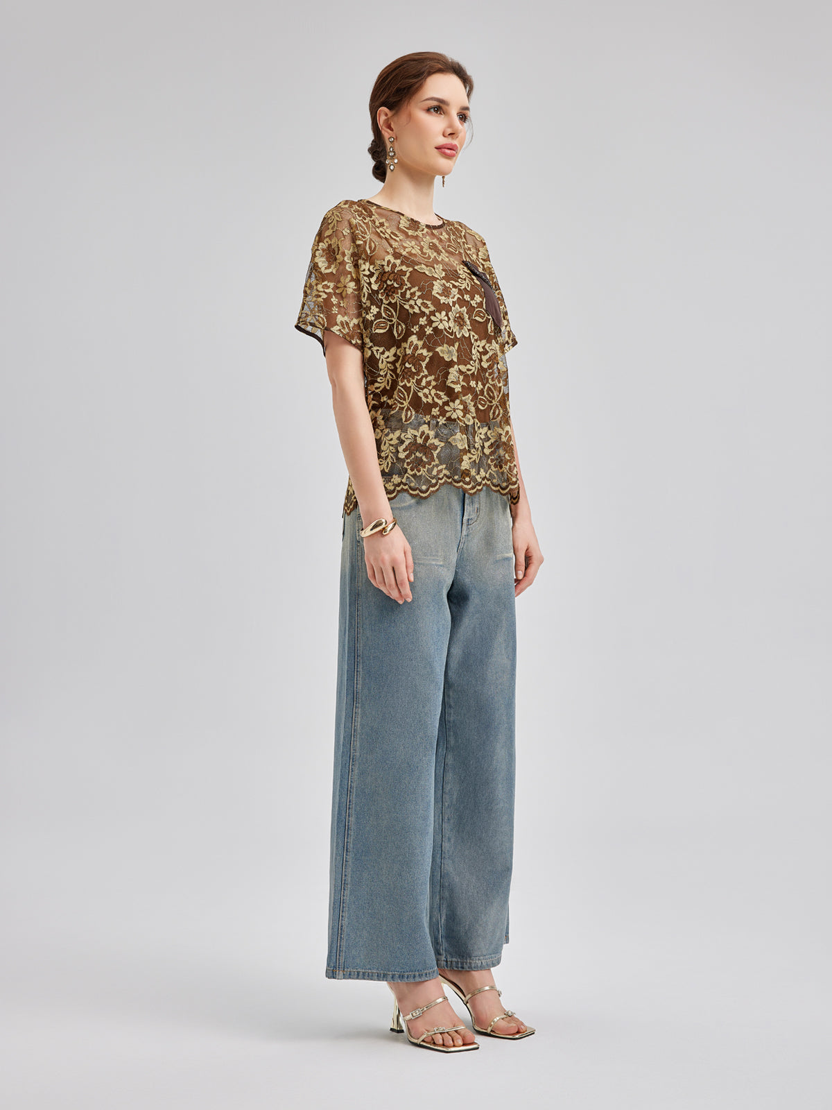 Altın Dantel Boncuklu Cepli Tişört