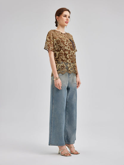 Altın Dantel Boncuklu Cepli Tişört