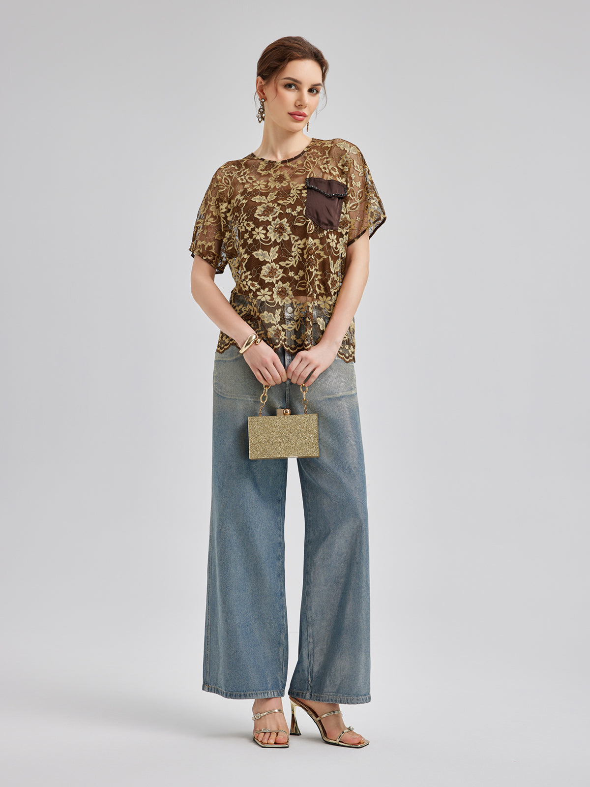 Altın Dantel Boncuklu Cepli Tişört