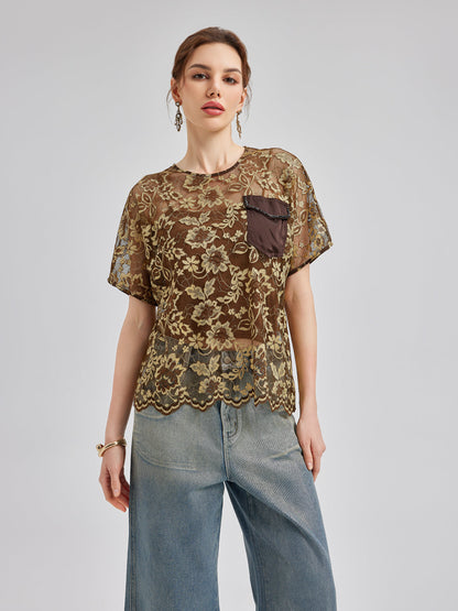 Altın Dantel Boncuklu Cepli Tişört