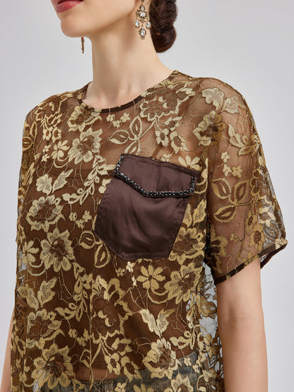 Altın Dantel Boncuklu Cepli Tişört