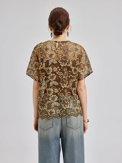 Altın Dantel Boncuklu Cepli Tişört