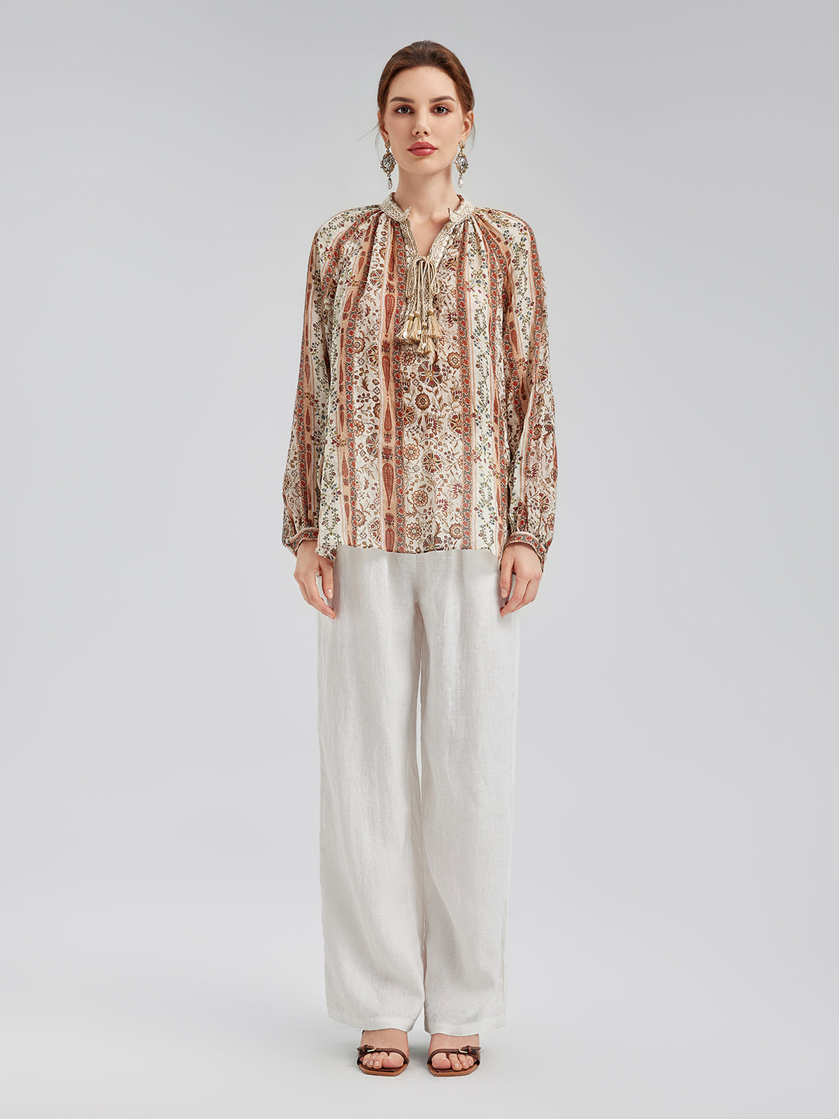 Nefes Alan Etnik Desenli Keten Görünümlü Gömlek