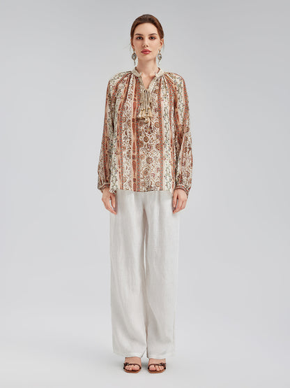 Nefes Alan Etnik Desenli Keten Görünümlü Gömlek