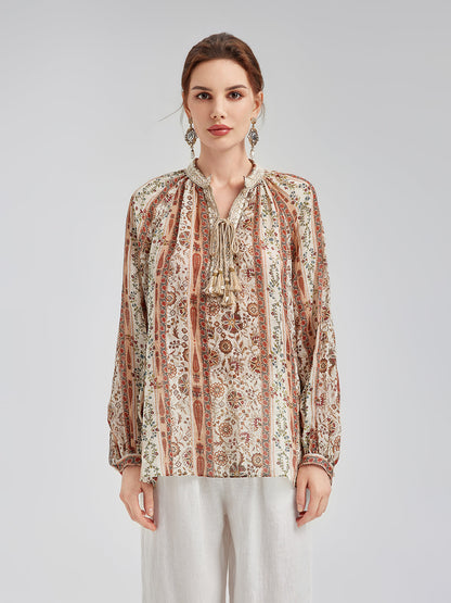 Nefes Alan Etnik Desenli Keten Görünümlü Gömlek