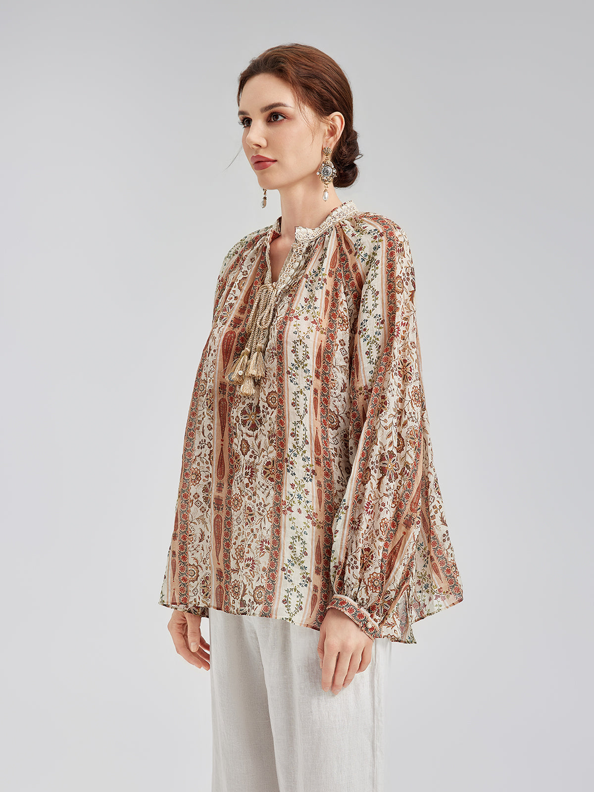 Nefes Alan Etnik Desenli Keten Görünümlü Gömlek