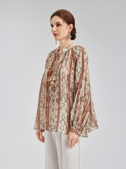 Nefes Alan Etnik Desenli Keten Görünümlü Gömlek