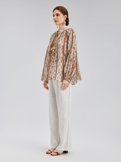 Nefes Alan Etnik Desenli Keten Görünümlü Gömlek