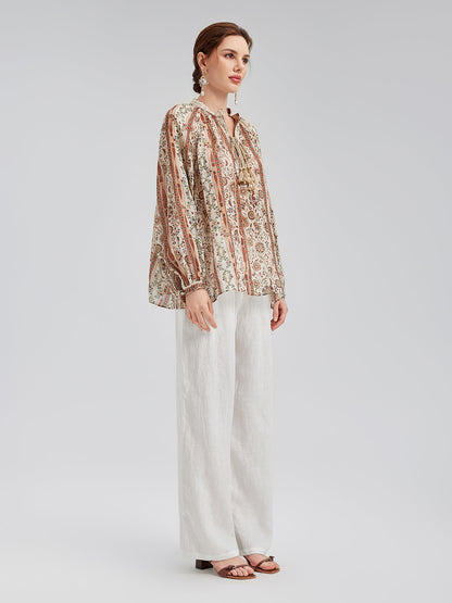 Nefes Alan Etnik Desenli Keten Görünümlü Gömlek